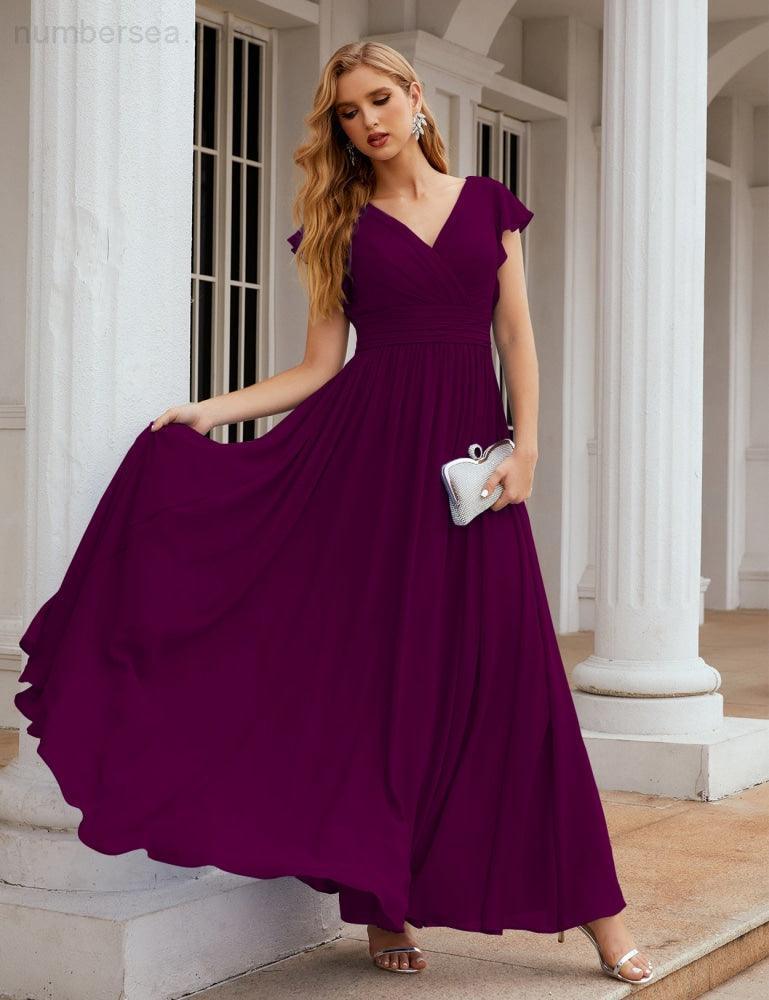 Numbersea V-Neck Bridesmaid Dress Floor Length Backless Formal Evening Dress 28024