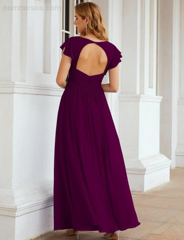 Numbersea V-Neck Bridesmaid Dress Floor Length Backless Formal Evening Dress 28024