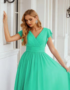 Numbersea V-Neck Bridesmaid Dress Floor Length Backless Formal Evening Dress 28024