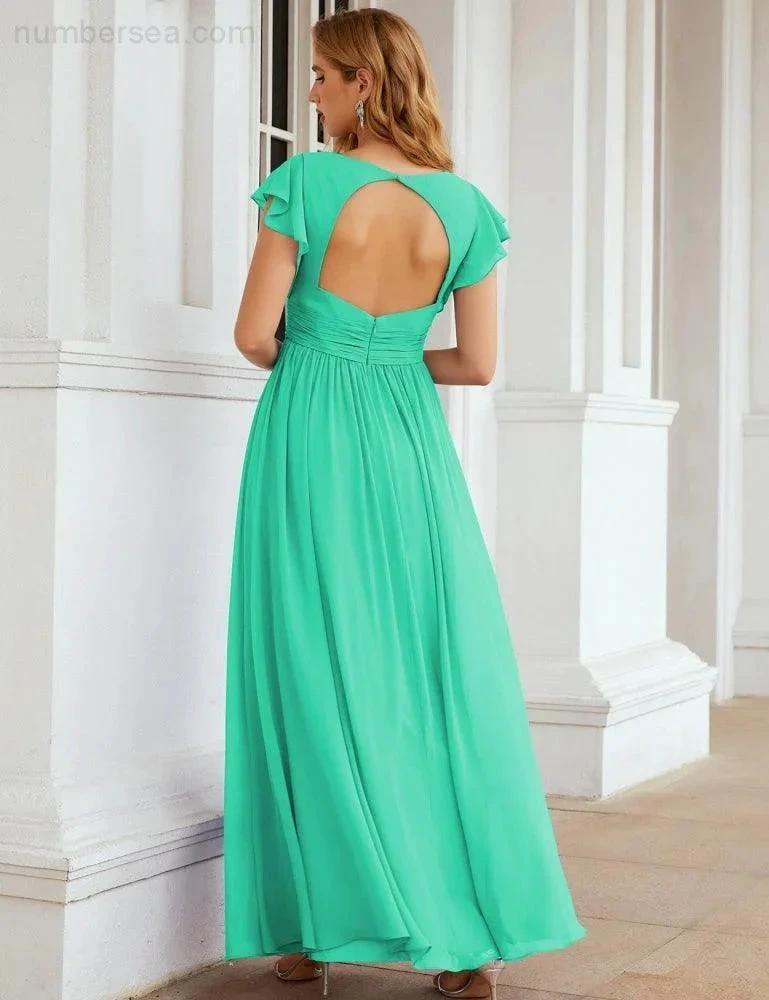 Numbersea V-Neck Bridesmaid Dress Floor Length Backless Formal Evening Dress 28024