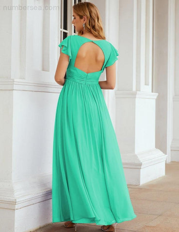 Numbersea V-Neck Bridesmaid Dress Floor Length Backless Formal Evening Dress 28024