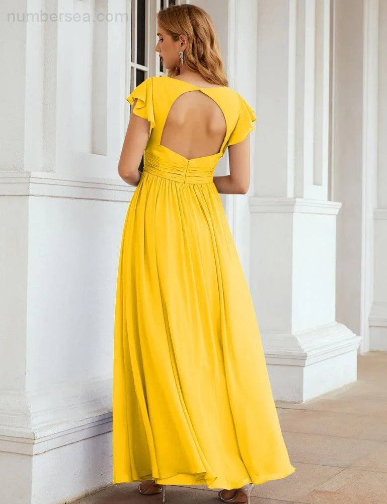 Numbersea V-Neck Bridesmaid Dress Floor Length Backless Formal Evening Dress 28024