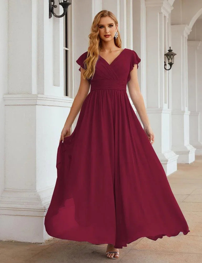 Numbersea V-Neck Bridesmaid Dress Floor Length Backless Formal Evening Dress 28024