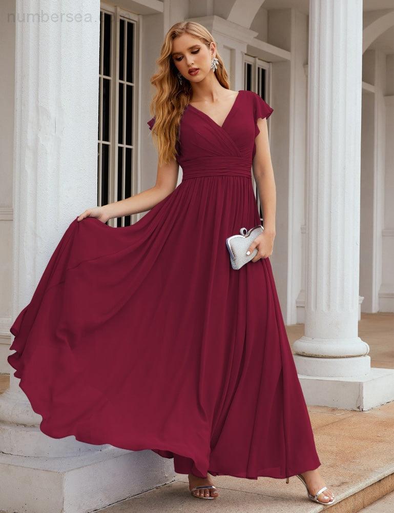 Numbersea V-Neck Bridesmaid Dress Floor Length Backless Formal Evening Dress 28024