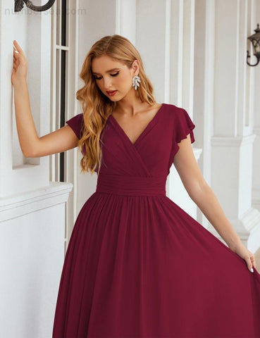 Numbersea V-Neck Bridesmaid Dress Floor Length Backless Formal Evening Dress 28024