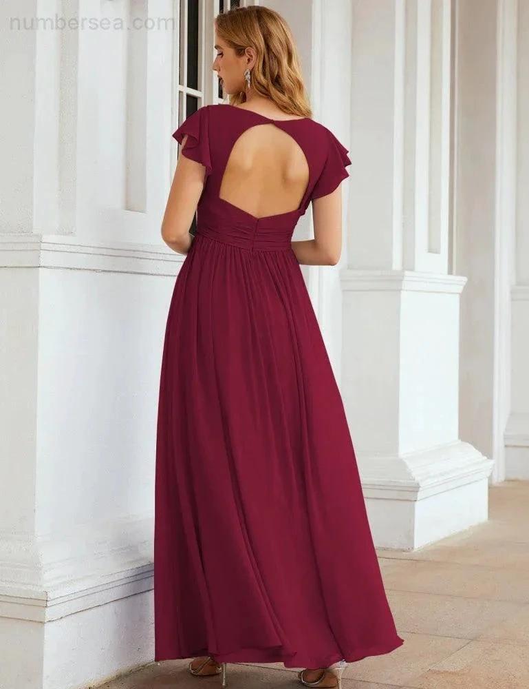 Numbersea V-Neck Bridesmaid Dress Floor Length Backless Formal Evening Dress 28024