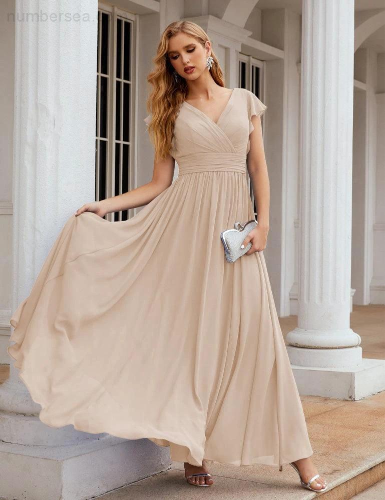 Numbersea V-Neck Bridesmaid Dress Floor Length Backless Formal Evening Dress 28024
