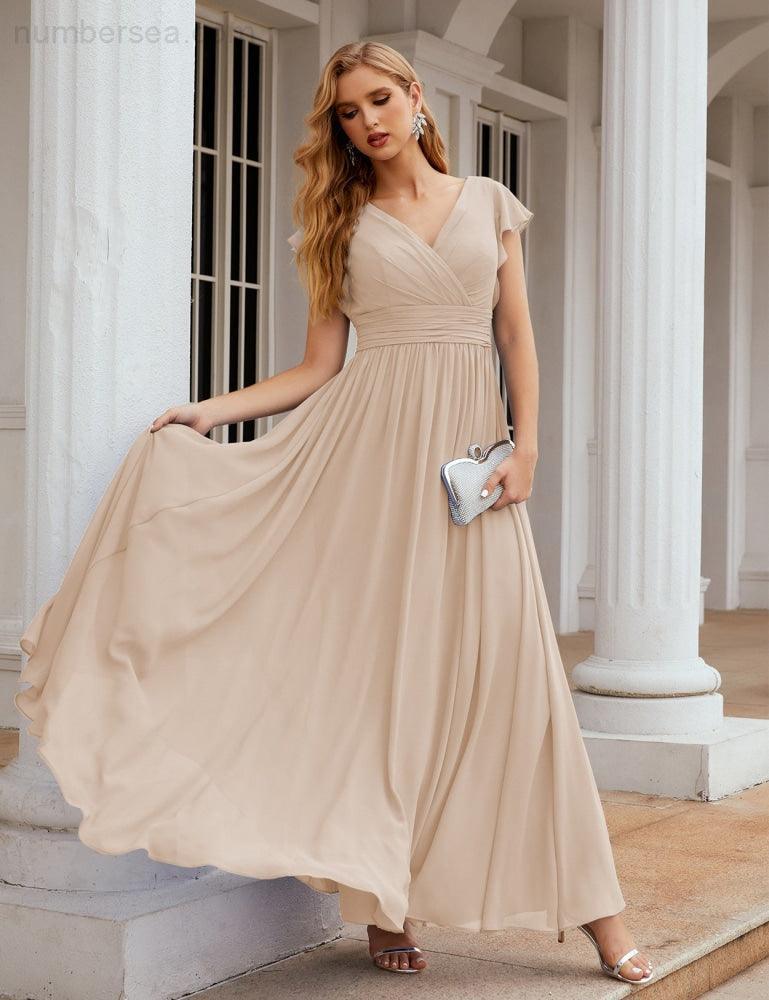 Numbersea V-Neck Bridesmaid Dress Floor Length Backless Formal Evening Dress 28024