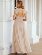Numbersea V-Neck Bridesmaid Dress Floor Length Backless Formal Evening Dress 28024