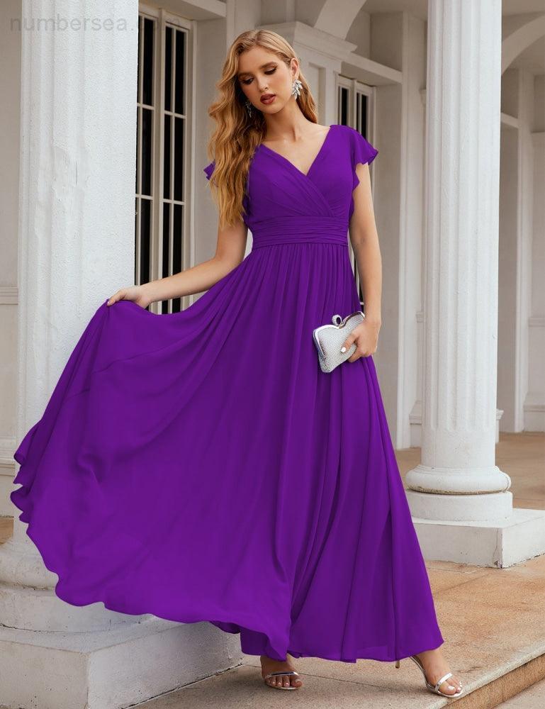 Numbersea V-Neck Bridesmaid Dress Floor Length Backless Formal Evening Dress 28024