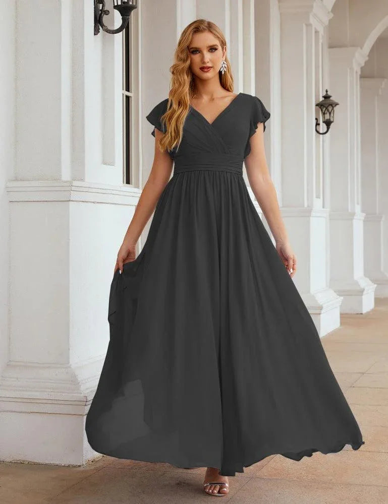 Numbersea V-Neck Bridesmaid Dress Floor Length Backless Formal Evening Dress 28024