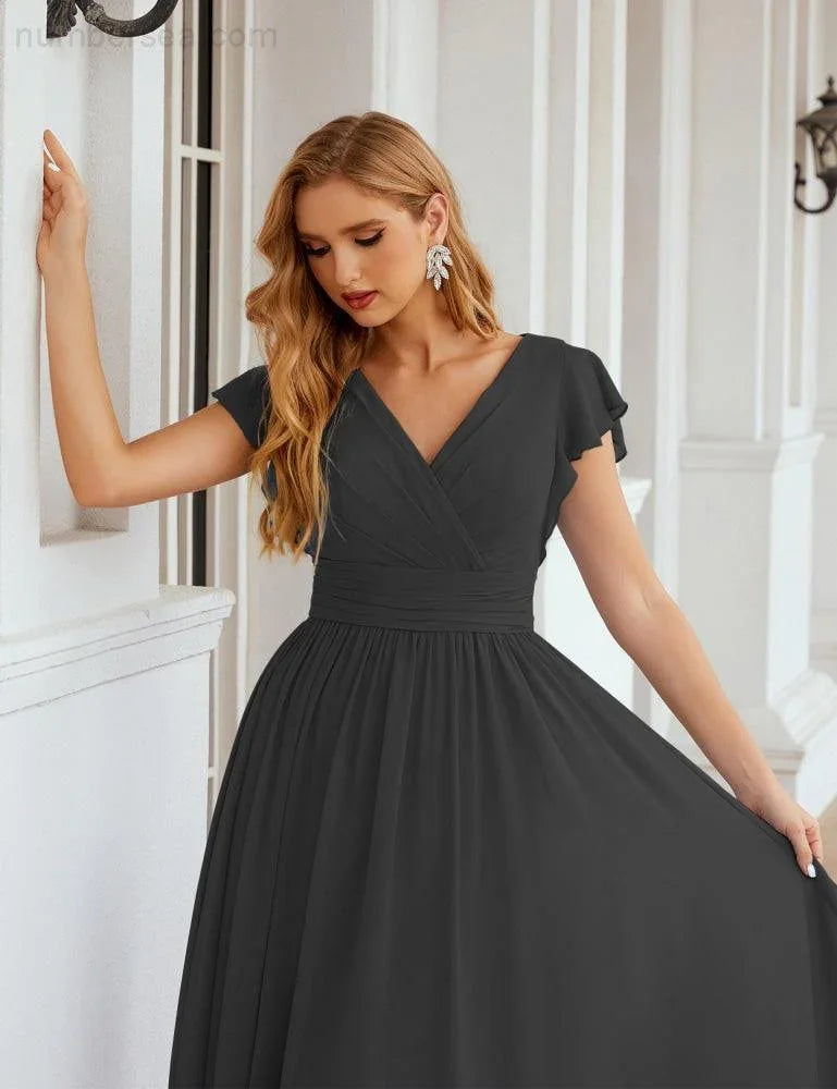 Numbersea V-Neck Bridesmaid Dress Floor Length Backless Formal Evening Dress 28024