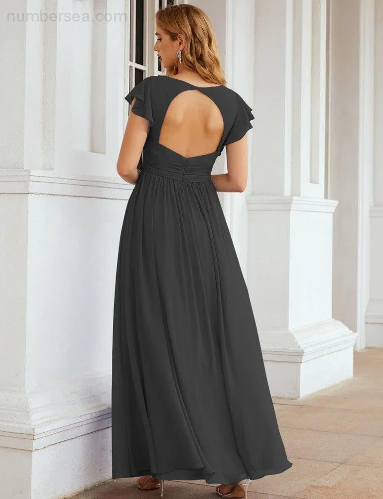 Numbersea V-Neck Bridesmaid Dress Floor Length Backless Formal Evening Dress 28024