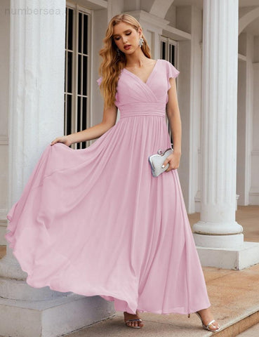 Numbersea V-Neck Bridesmaid Dress Floor Length Backless Formal Evening Dress 28024