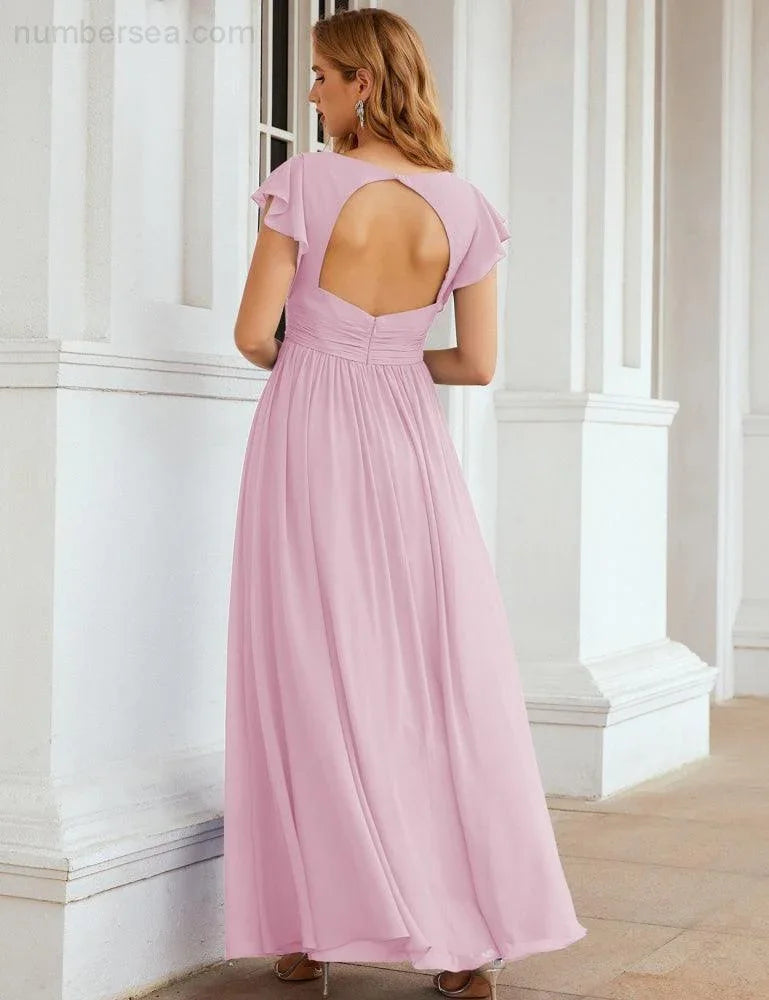 Numbersea V-Neck Bridesmaid Dress Floor Length Backless Formal Evening Dress 28024