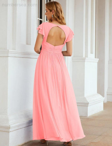 Numbersea V-Neck Bridesmaid Dress Floor Length Backless Formal Evening Dress 28024