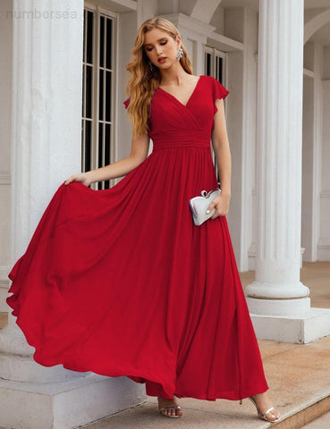 Numbersea V-Neck Bridesmaid Dress Floor Length Backless Formal Evening Dress 28024