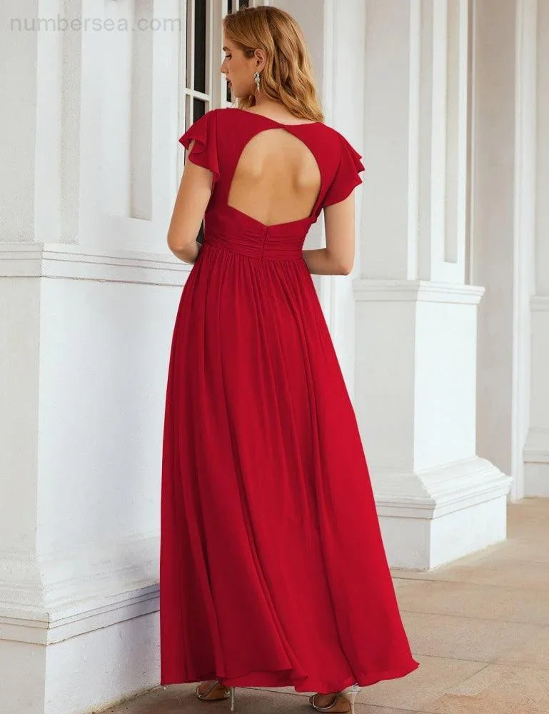 Numbersea V-Neck Bridesmaid Dress Floor Length Backless Formal Evening Dress 28024