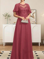A-line Scoop Illusion Floor-Length Lace Chiffon Mother of the Bride Dress With Sequins by Dreamylily