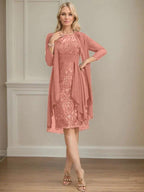 Sheath/Column Scoop Illusion Knee-Length Lace Chiffon Mother of the Bride Dress With Cascading Ruffles Sequins by Dreamylily