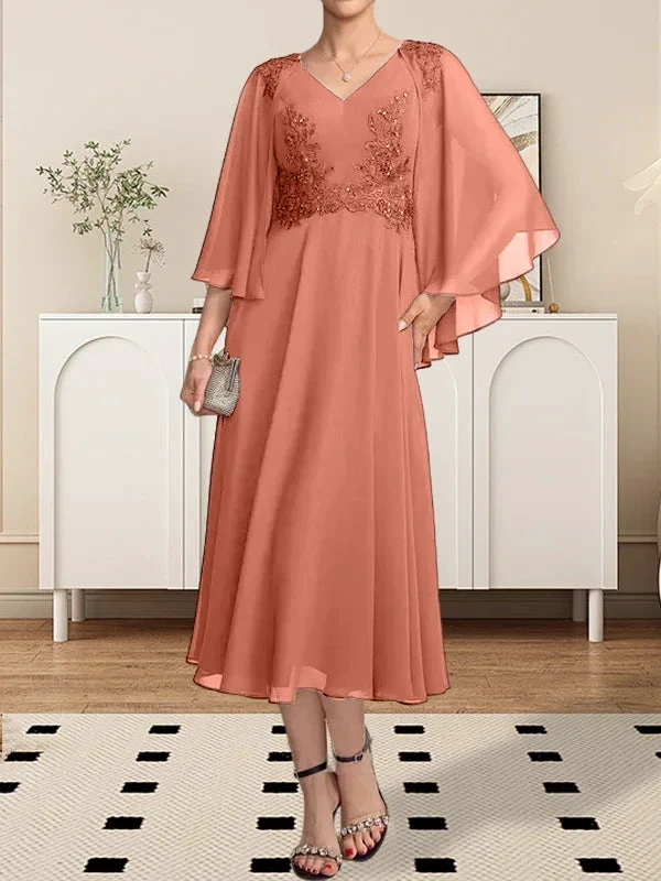 A-line V-Neck Tea-Length Chiffon Lace Mother of the Bride Dress With Beading Sequins by Dreamylily