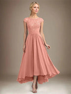 A-line Scoop Illusion Asymmetrical Lace Chiffon Mother of the Bride Dress With Pleated by Dreamylily