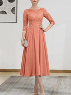 A-line Scoop Illusion Tea-Length Chiffon Lace Mother of the Bride Dress With Beading Sequins by Dreamylily