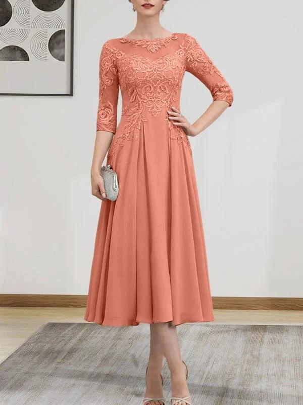 A-line Scoop Illusion Tea-Length Chiffon Lace Mother of the Bride Dress With Beading Sequins by Dreamylily