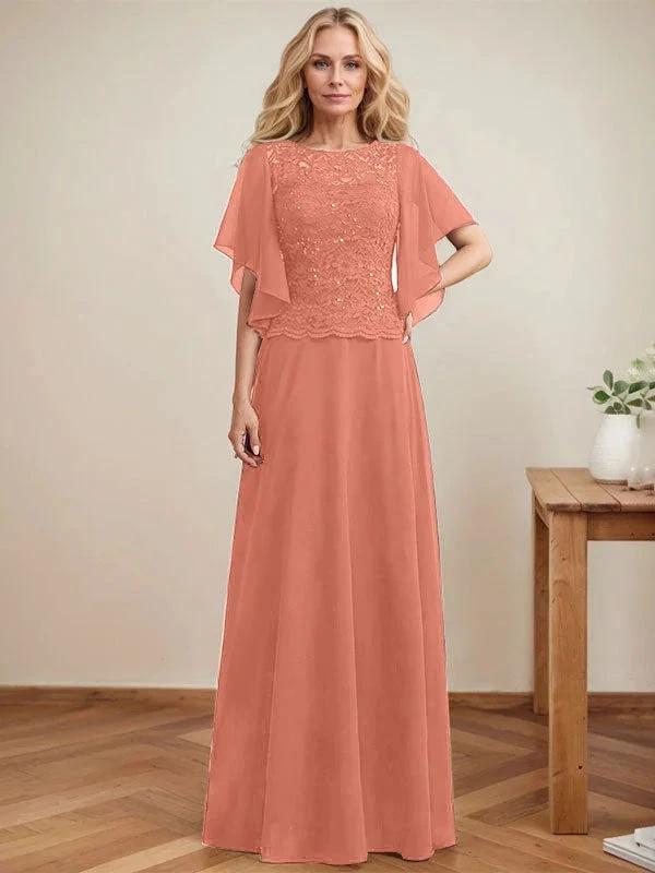 A-line Scoop Illusion Floor-Length Lace Chiffon Mother of the Bride Dress With Sequins by Dreamylily