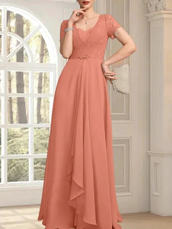 A-line Sweetheart Floor-Length Chiffon Lace Mother of the Bride Dress With Beading Cascading Ruffles by Dreamylily