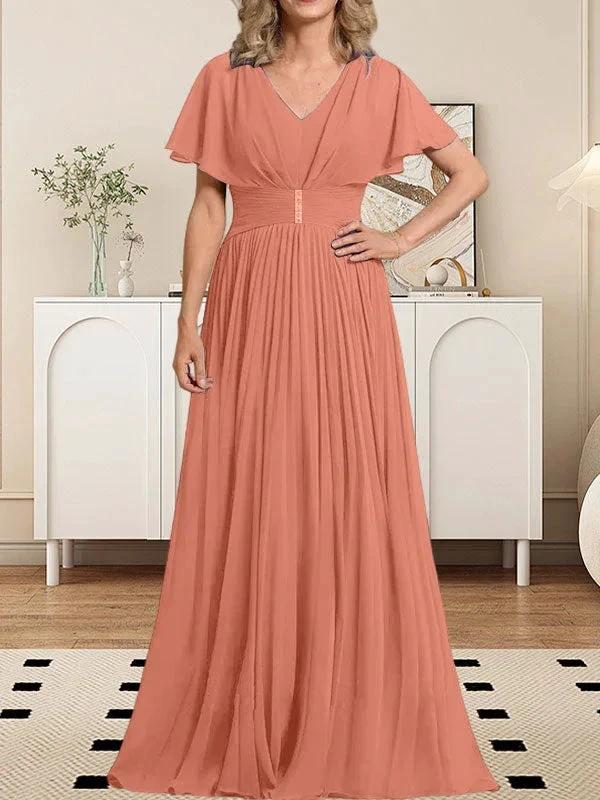 A-line V-Neck Floor-Length Chiffon Mother of the Bride Dress With Crystal Brooch Pleated by Dreamylily