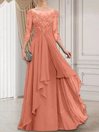 A-line Scoop Illusion Floor-Length Lace Chiffon Mother of the Bride Dress With Cascading Ruffles by Dreamylily