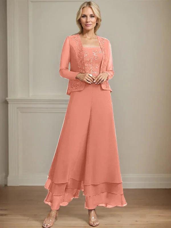 Separates Jumpsuit/Pantsuit Square Ankle-Length Lace Chiffon Mother of the Bride Dress With Sequins by Dreamylily