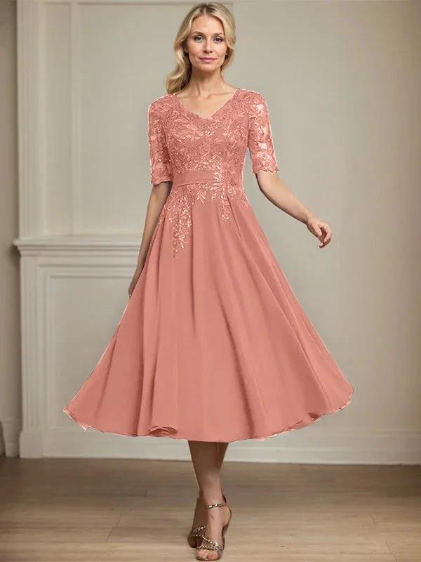 A-line V-Neck Tea-Length Lace Chiffon Mother of the Bride Dress With Sequins by Dreamylily