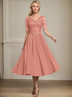 A-line V-Neck Tea-Length Lace Chiffon Mother of the Bride Dress With Sequins by Dreamylily