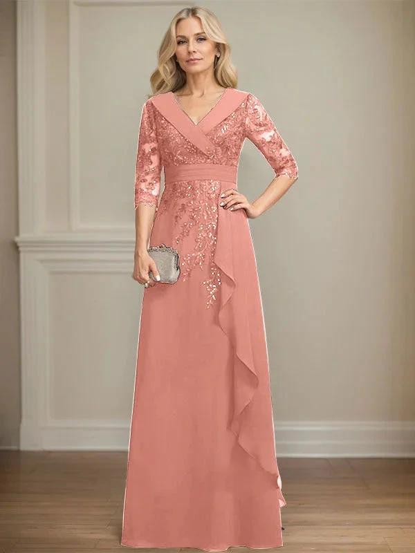 A-line Collared V-Neck Floor-Length Lace Chiffon Mother of the Bride Dress With Sequins Cascading Ruffles by Dreamylily
