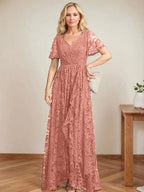 A-Line V-Neck Asymmetrical Lace Mother of the Bride Dress With Cascading Ruffles by Dreamylily
