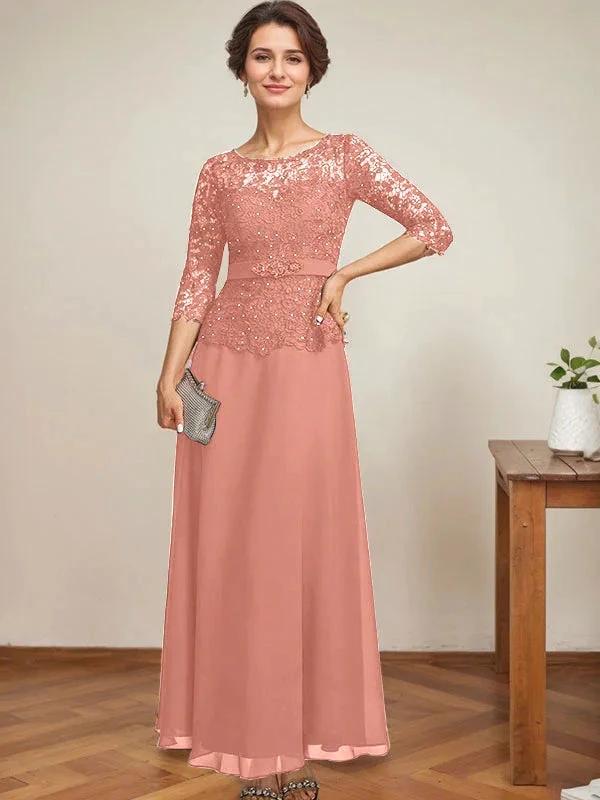 A-line Scoop Illusion Ankle-Length Chiffon Lace Mother of the Bride Dress With Rhinestone Beading by Dreamylily