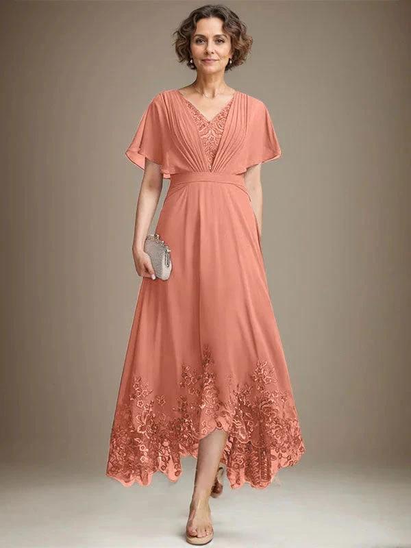A-line V-Neck Asymmetrical Lace Chiffon Mother of the Bride Dress With Pleated by Dreamylily