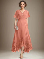 A-line V-Neck Asymmetrical Lace Chiffon Mother of the Bride Dress With Pleated by Dreamylily