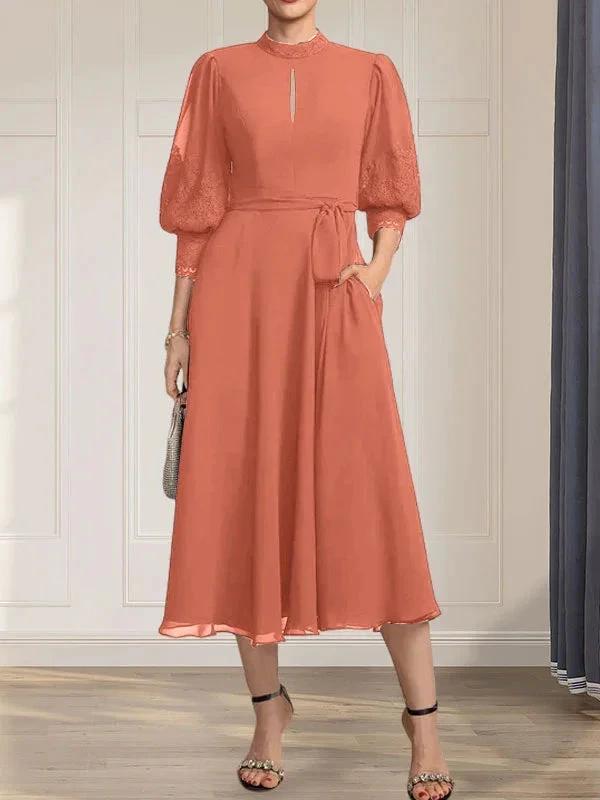 A-line High Neck Tea-Length Lace Chiffon Mother of the Bride Dress With Bow by Dreamylily