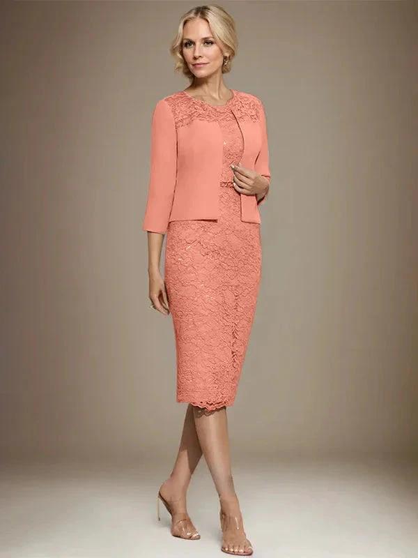 Sheath/Column Scoop Knee-Length Chiffon Lace Mother of the Bride Dress With Beading by Dreamylily