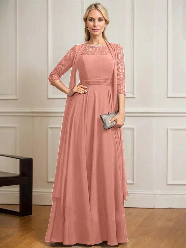 A-line Scoop Illusion Floor-Length Lace Chiffon Mother of the Bride Dress With Pleated by Dreamylily