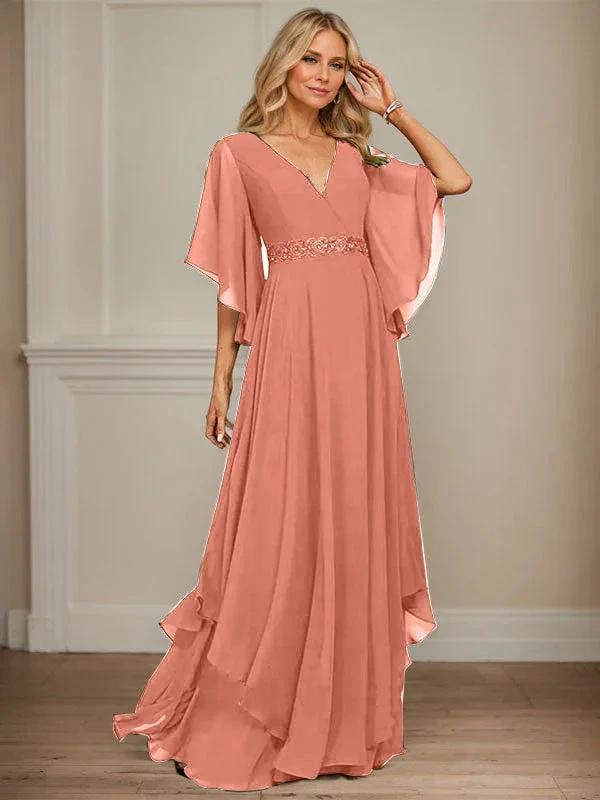 A-line V-Neck Floor-Length Chiffon Mother of the Bride Dress With Sequins Appliques Lace Beading by Dreamylily