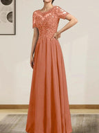 A-line Scoop Illusion Floor-Length Chiffon Lace Mother of the Bride Dress With Sequins Beading by Dreamylily