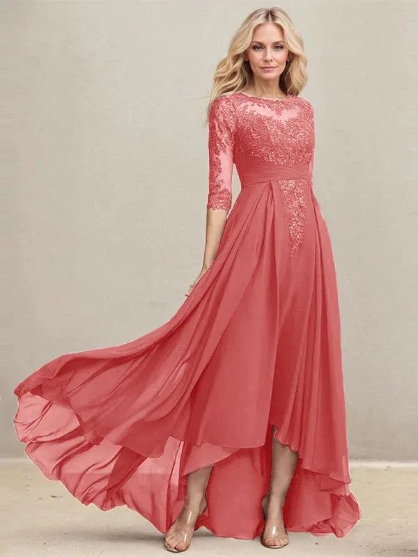 A-line Scoop Illusion Asymmetrical Lace Chiffon Mother of the Bride Dress With Pleated Sequins by Dreamylily