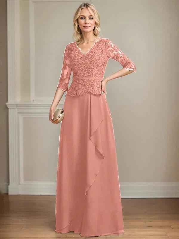 A-line V-Neck Floor-Length Lace Chiffon Mother of the Bride Dress With Cascading Ruffles Sequins by Dreamylily