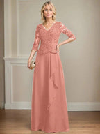 A-line V-Neck Floor-Length Lace Chiffon Mother of the Bride Dress With Cascading Ruffles Sequins by Dreamylily