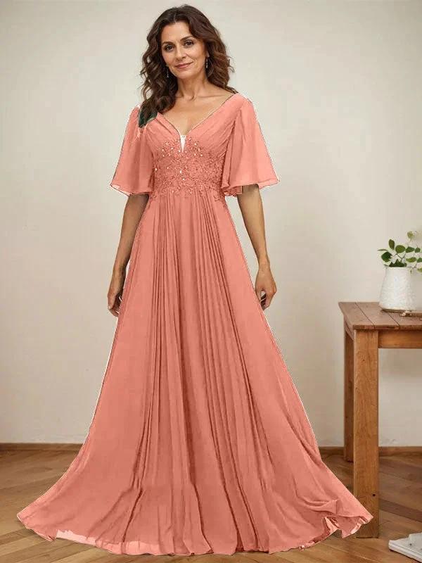 A-line V-Neck Floor-Length Chiffon Mother of the Bride Dress With Sequins Appliques Lace Pleated by Dreamylily