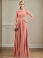 A-line Scoop Illusion Floor-Length Lace Chiffon Mother of the Bride Dress With Sequins by Dreamylily